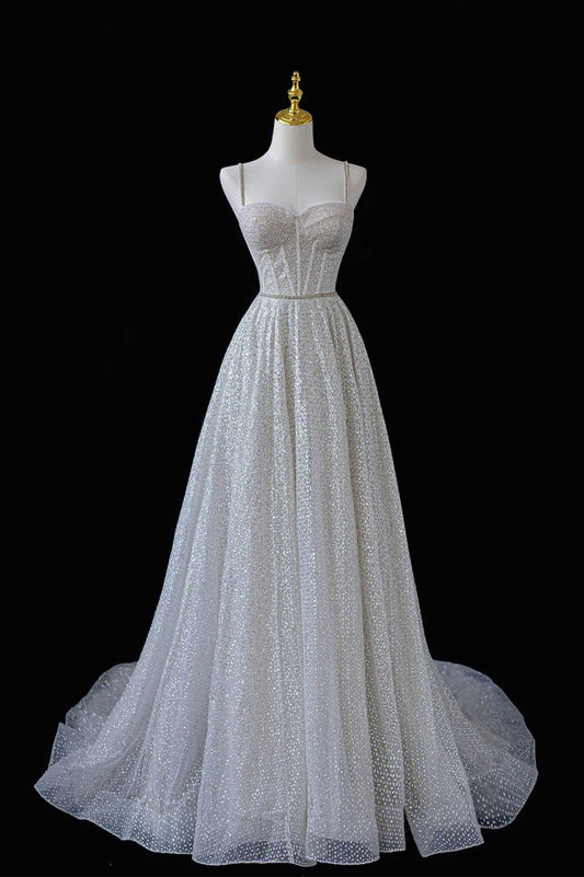 A-Line Straps Tulle Sequins Long Senior Prom Dress TP512