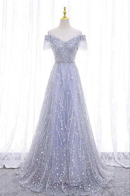 A-Line Tulle Sequins Long Prom Dress, Off the Shoulder Evening Party Dress TP514