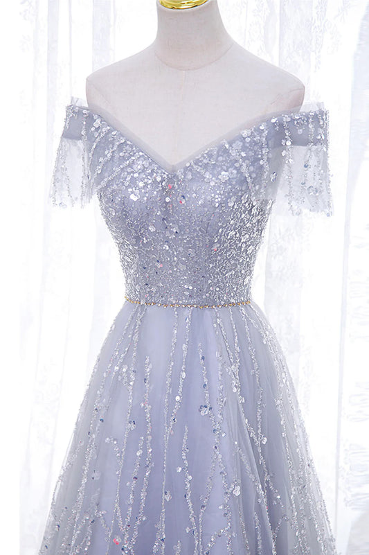 A-Line Tulle Sequins Long Prom Dress, Off the Shoulder Evening Party Dress TP514