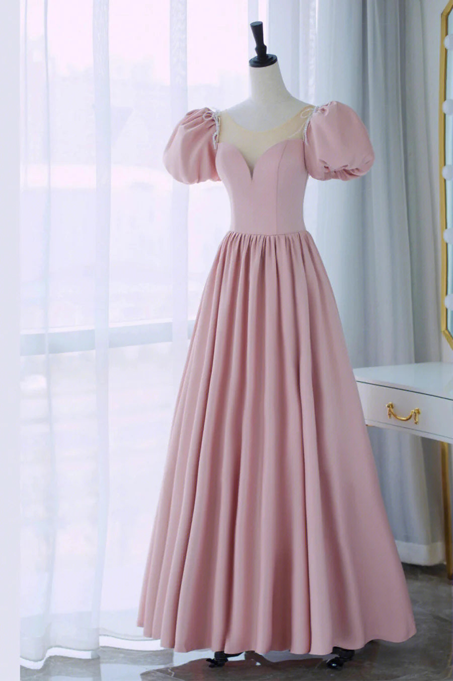 Pink Satin Long A-Line Prom Dress, Cute Short Sleeve Evening Dress TP516