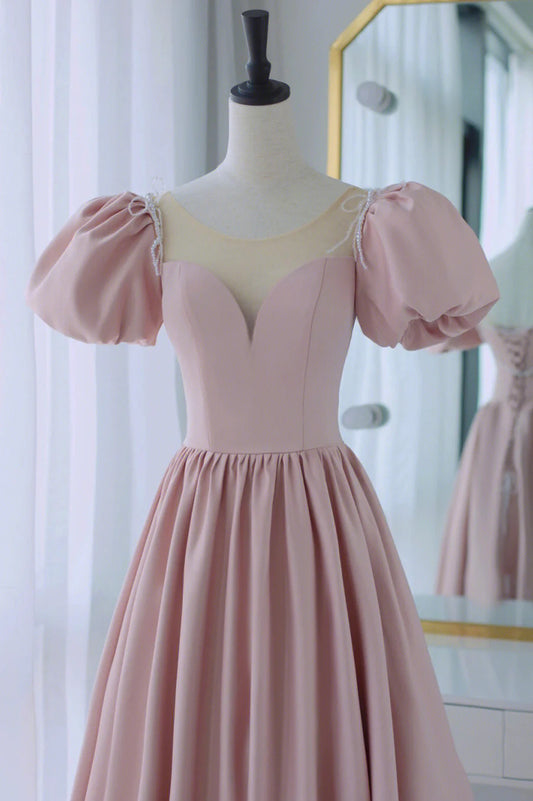 Pink Satin Long A-Line Prom Dress, Cute Short Sleeve Evening Dress TP516