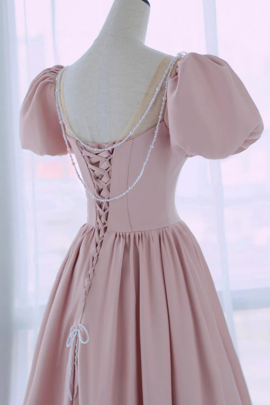 Pink Satin Long A-Line Prom Dress, Cute Short Sleeve Evening Dress TP516