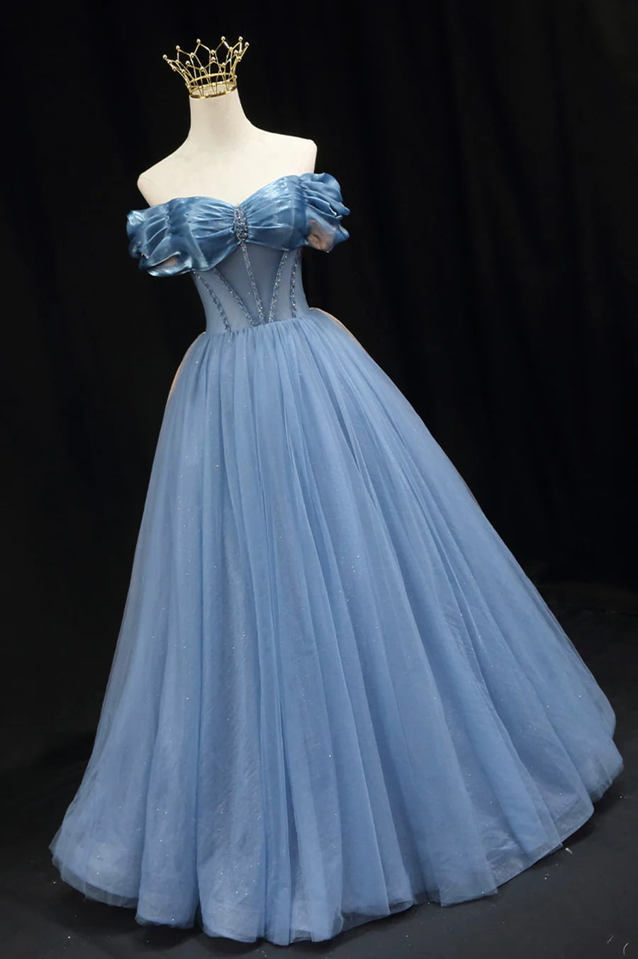Blue Tulle Beaded Long Prom Dress, Elegant A-Line Blue Evening Dress TP517