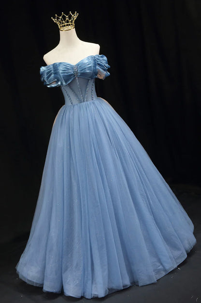 Blue Tulle Beaded Long Prom Dress, Elegant A-Line Blue Evening Dress TP517