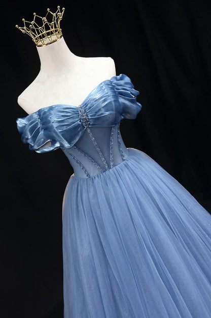 Blue Tulle Beaded Long Prom Dress, Elegant A-Line Blue Evening Dress TP517