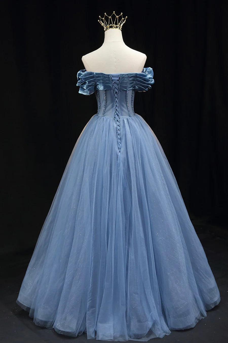 Blue Tulle Beaded Long Prom Dress, Elegant A-Line Blue Evening Dress TP517