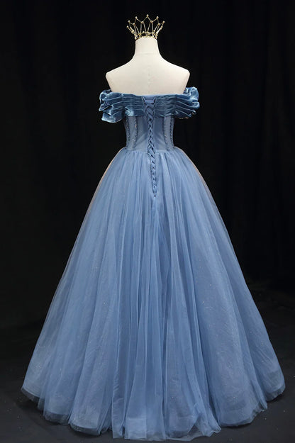 Blue Tulle Beaded Long Prom Dress, Elegant A-Line Blue Evening Dress TP517
