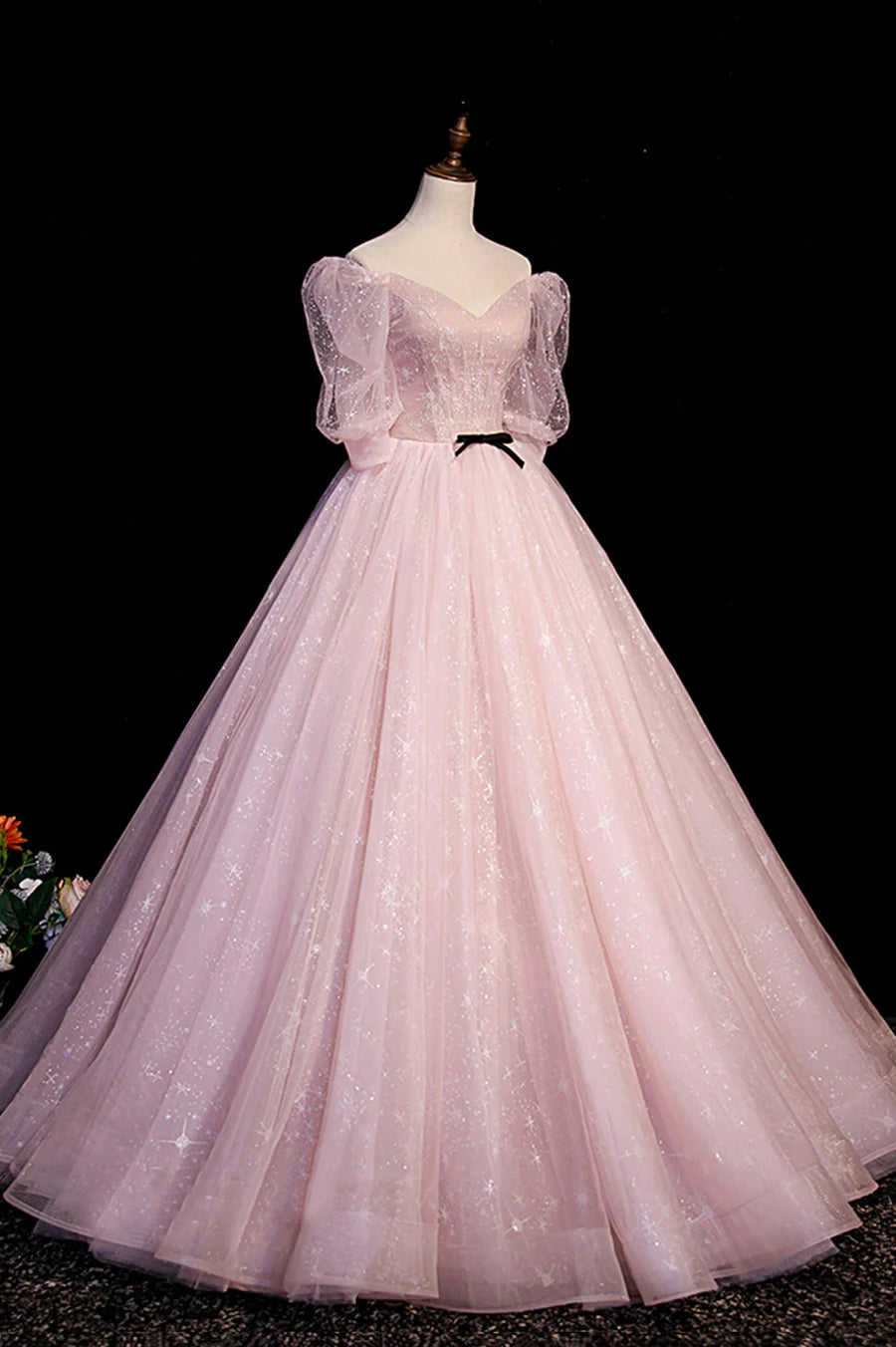Pink V-Neck Tulle Long Prom Dress, A-Line Short Sleeves Evening Dress TP518
