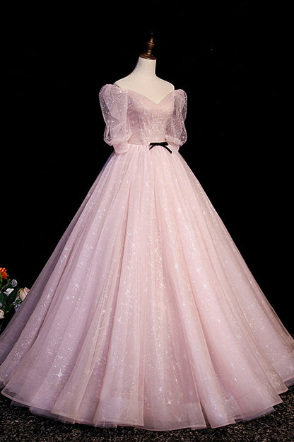 Pink V-Neck Tulle Long Prom Dress, A-Line Short Sleeves Evening Dress TP518