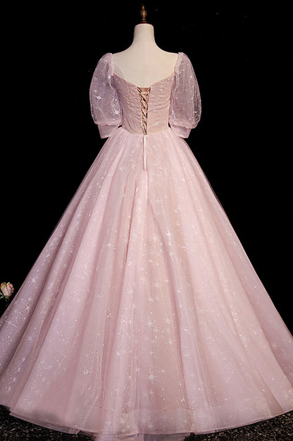 Pink V-Neck Tulle Long Prom Dress, A-Line Short Sleeves Evening Dress TP518