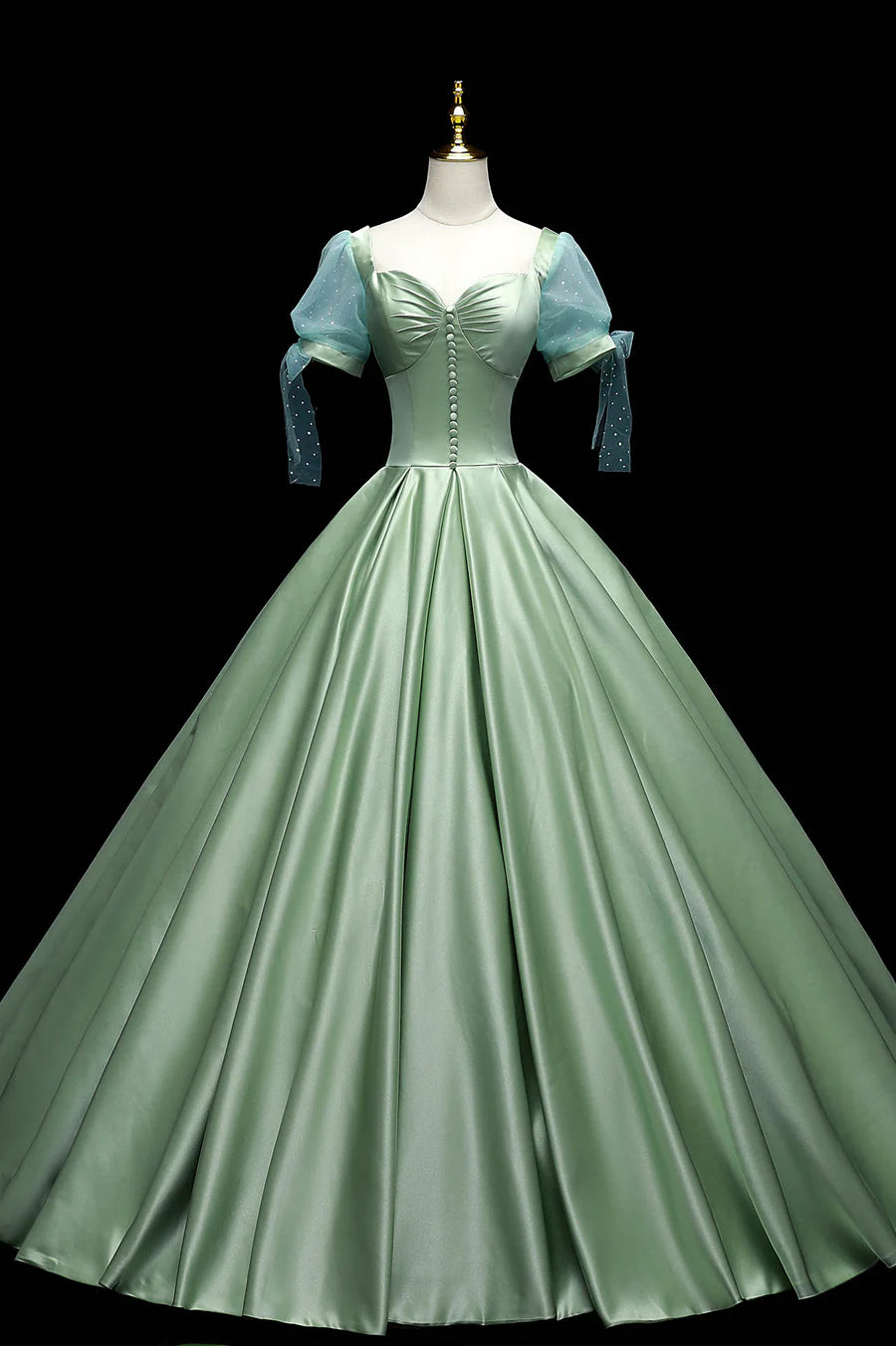 Green Satin Long A-Line Ball Gown, Green Short Sleeve Evening Gown TP519