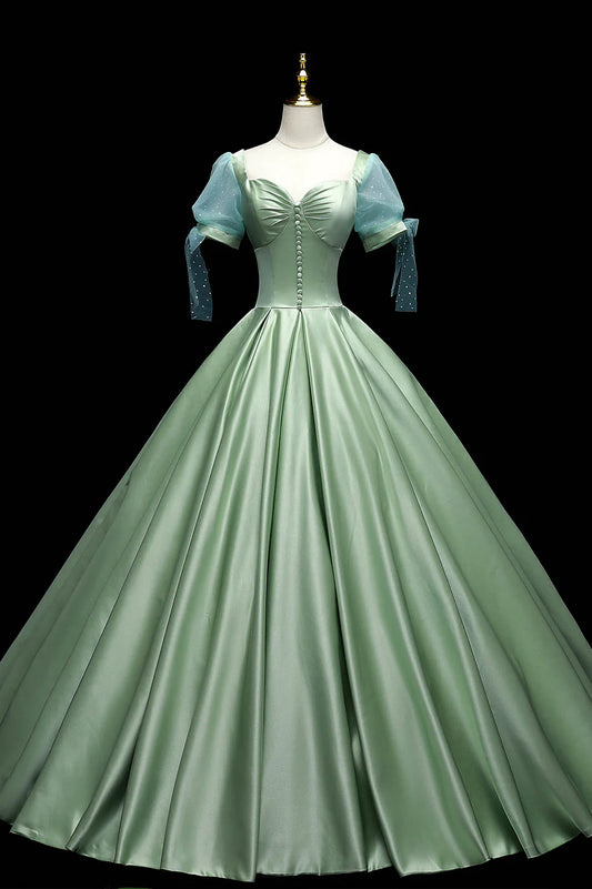 Green Satin Long A-Line Ball Gown, Green Short Sleeve Evening Gown TP519