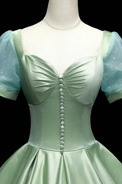 Green Satin Long A-Line Ball Gown, Green Short Sleeve Evening Gown TP519