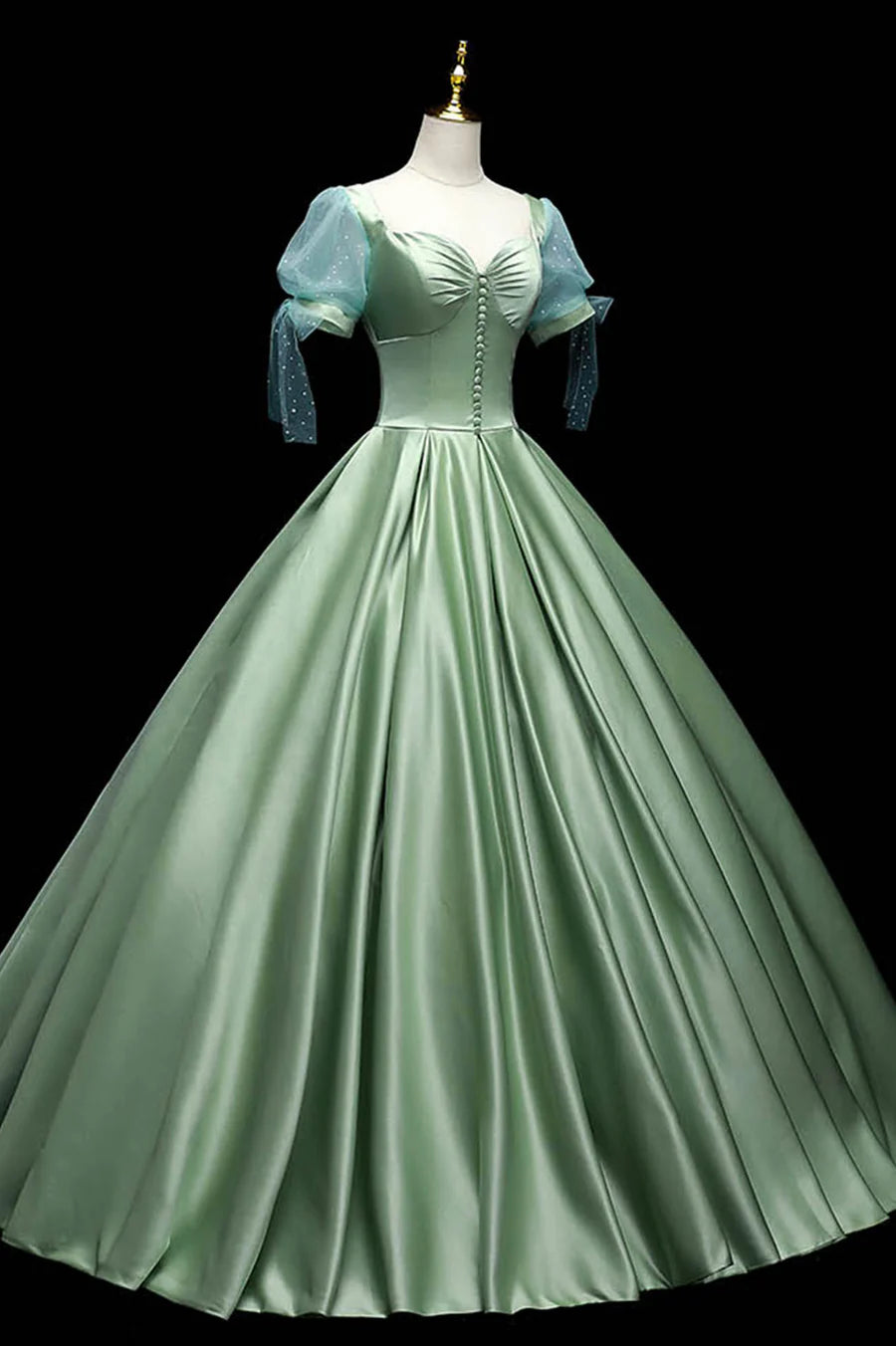 Green Satin Long A-Line Ball Gown, Green Short Sleeve Evening Gown TP519