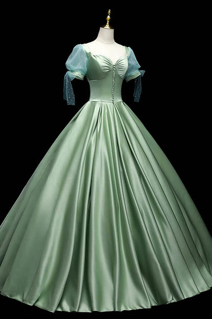 Green Satin Long A-Line Ball Gown, Green Short Sleeve Evening Gown TP519