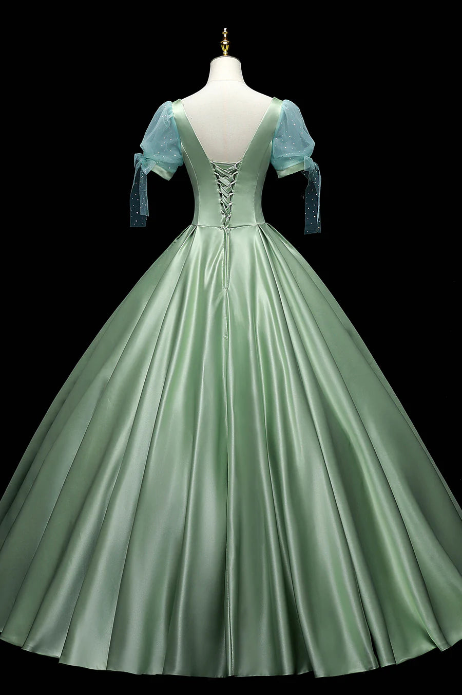 Green Satin Long A-Line Ball Gown, Green Short Sleeve Evening Gown TP519