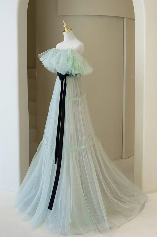 Green Tulle Floor Length Prom Dress, A-Line Off Shoulder Evening Dress TP520