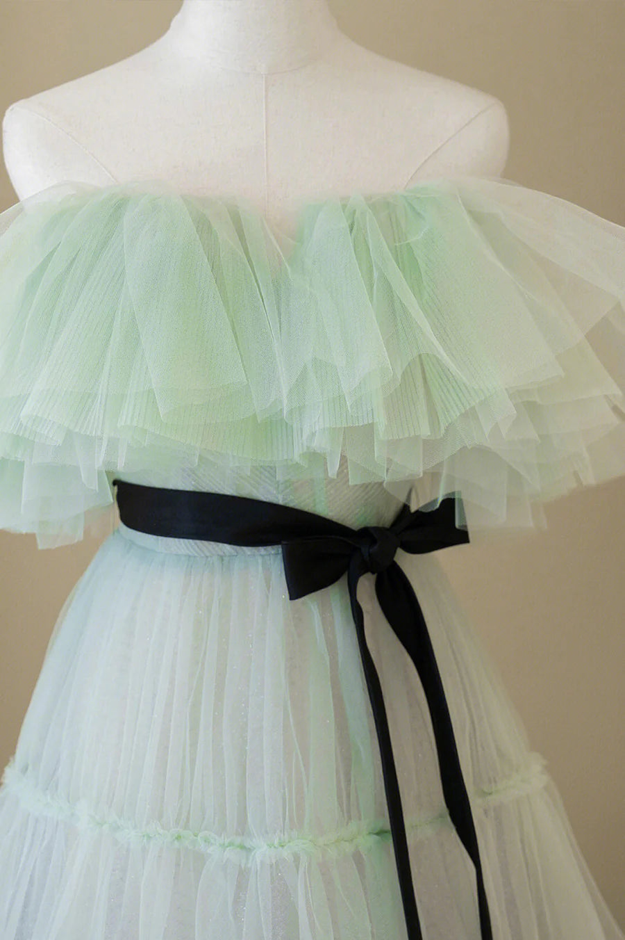 Green Tulle Floor Length Prom Dress, A-Line Off Shoulder Evening Dress TP520