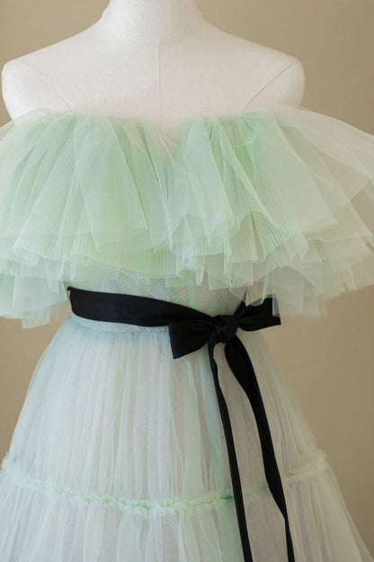 Green Tulle Floor Length Prom Dress, A-Line Off Shoulder Evening Dress TP520