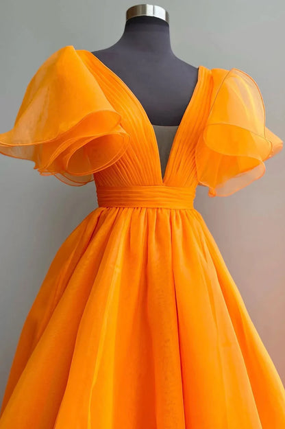 Orange Organza Long A-Line Prom Dress, Beautiful V-Neck Evening Dress TP521