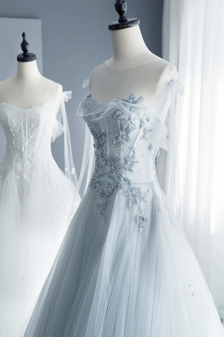 Previous Next   A-Line Tulle Lace Long Prom Dresses, Evening Party Dresses TP523