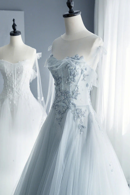 Previous Next   A-Line Tulle Lace Long Prom Dresses, Evening Party Dresses TP523