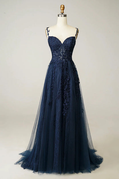 Navy Tulle and Lace Long Prom Dress, Lovely Spaghetti Strap Evening Dress TP525