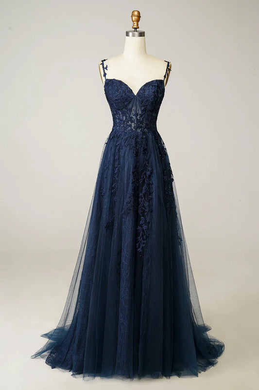 Navy Tulle and Lace Long Prom Dress, Lovely Spaghetti Strap Evening Dress TP525