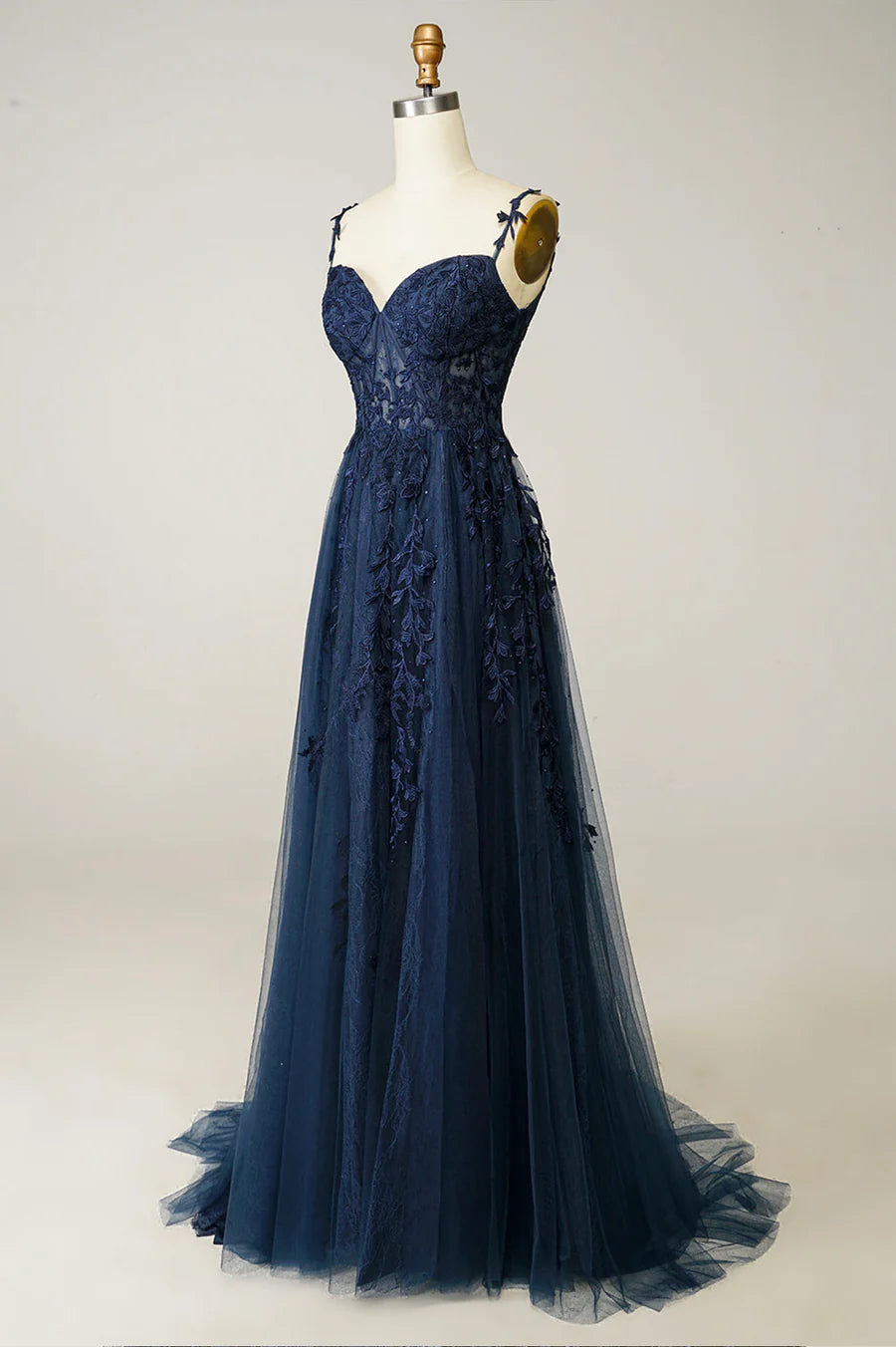 Navy Tulle and Lace Long Prom Dress, Lovely Spaghetti Strap Evening Dress TP525