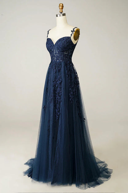 Navy Tulle and Lace Long Prom Dress, Lovely Spaghetti Strap Evening Dress TP525
