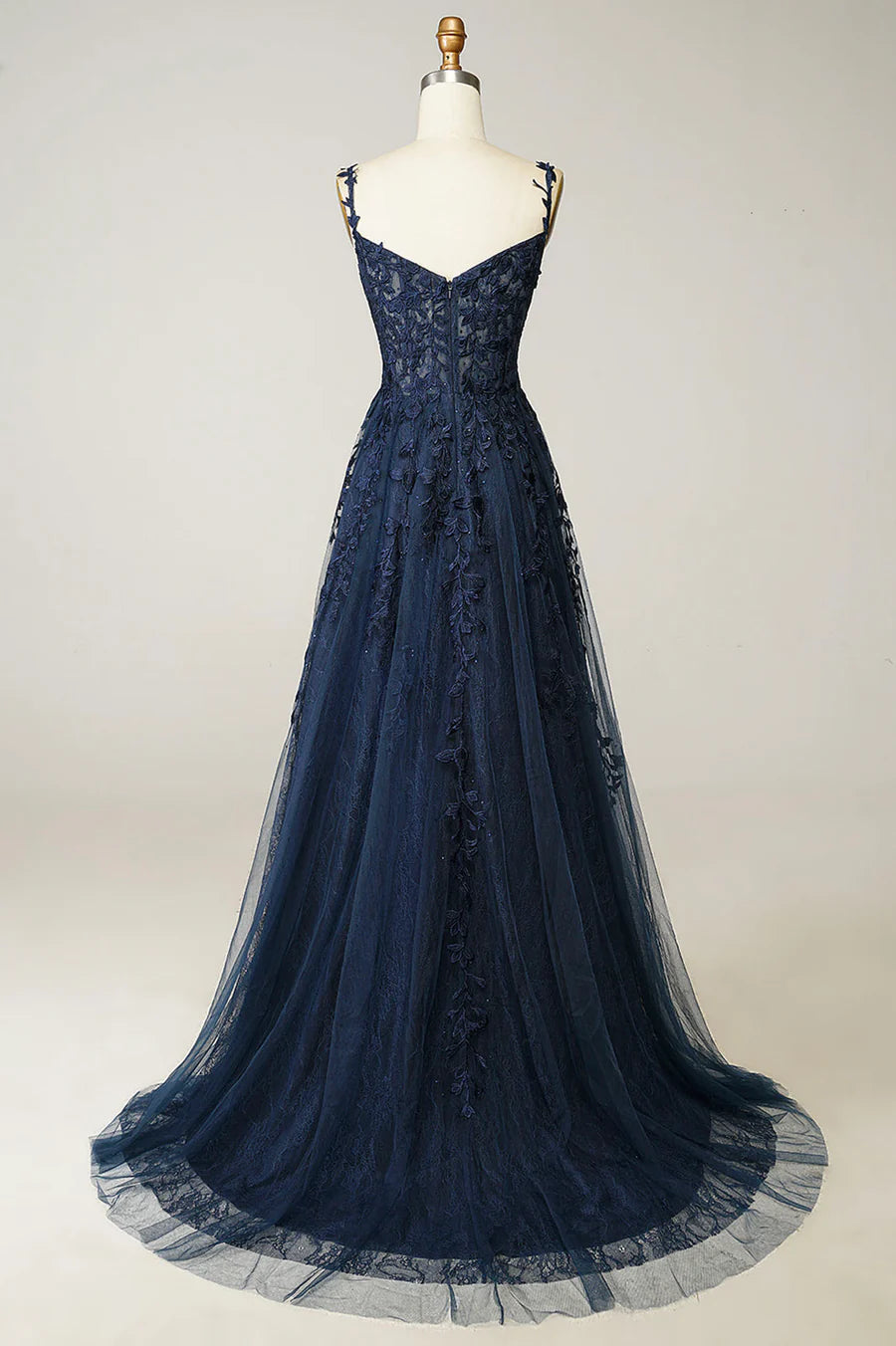 Navy Tulle and Lace Long Prom Dress, Lovely Spaghetti Strap Evening Dress TP525