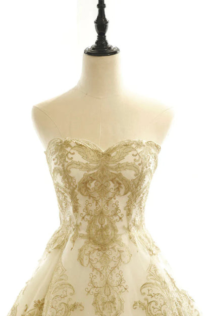 Long Champagne Strapless Tulle Lace Prom Dress, A-Line Evening Dress with Train TP527