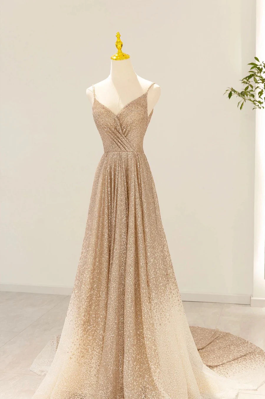 Gold V-Neck Sequins Long Prom Dress, A-Line Evening Party Dress TP530