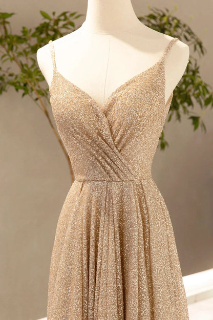 Gold V-Neck Sequins Long Prom Dress, A-Line Evening Party Dress TP530