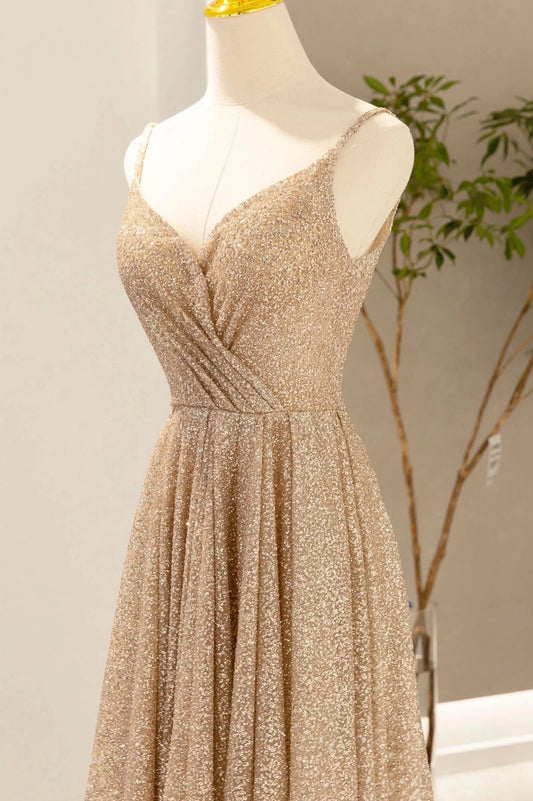 Gold V-Neck Sequins Long Prom Dress, A-Line Evening Party Dress TP530