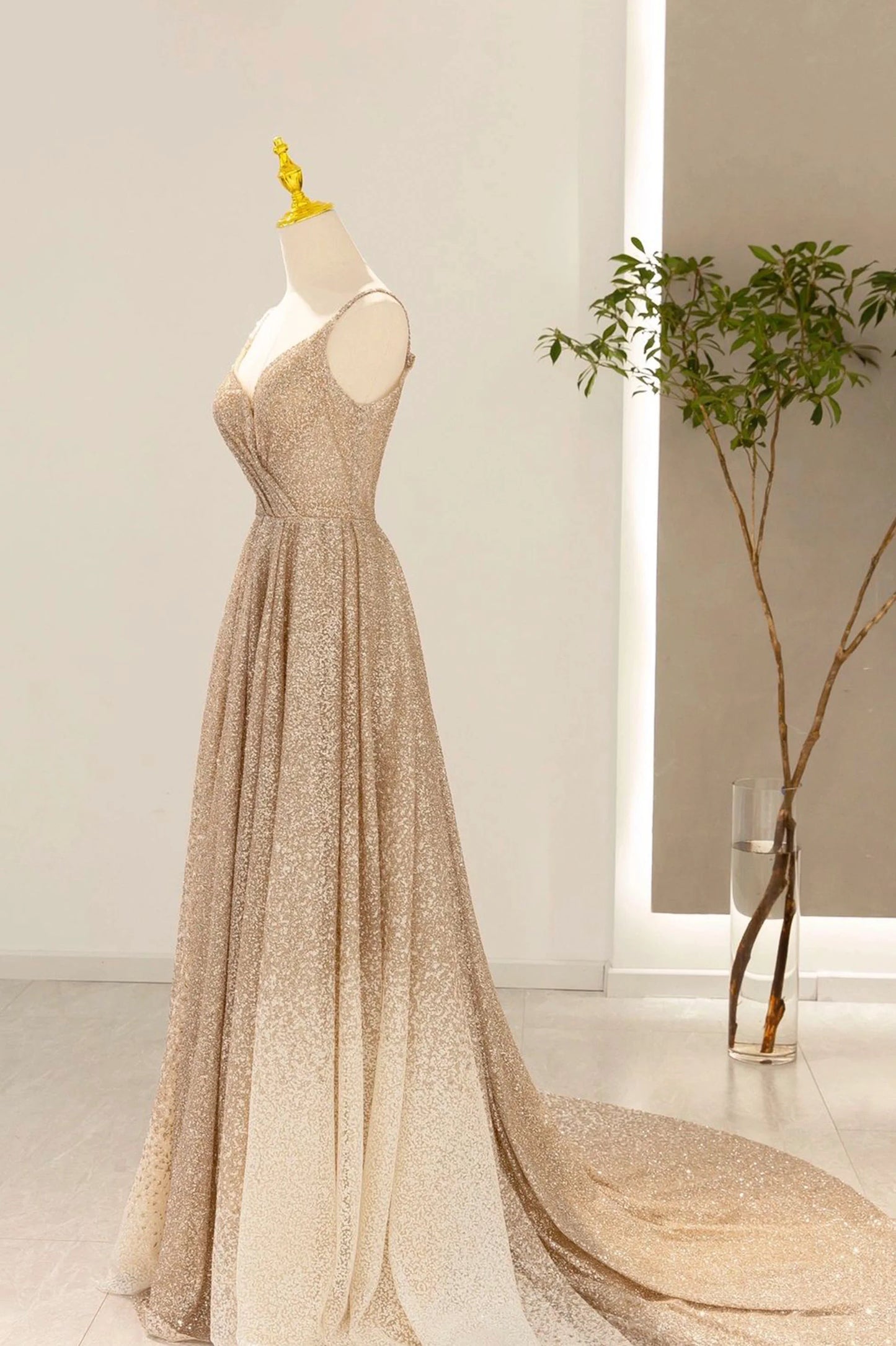 Gold V-Neck Sequins Long Prom Dress, A-Line Evening Party Dress TP530
