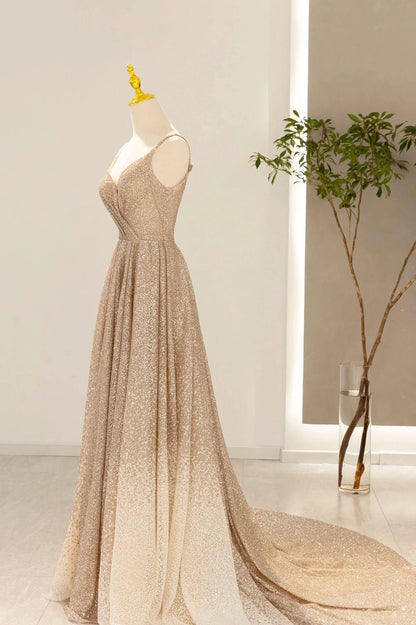 Gold V-Neck Sequins Long Prom Dress, A-Line Evening Party Dress TP530