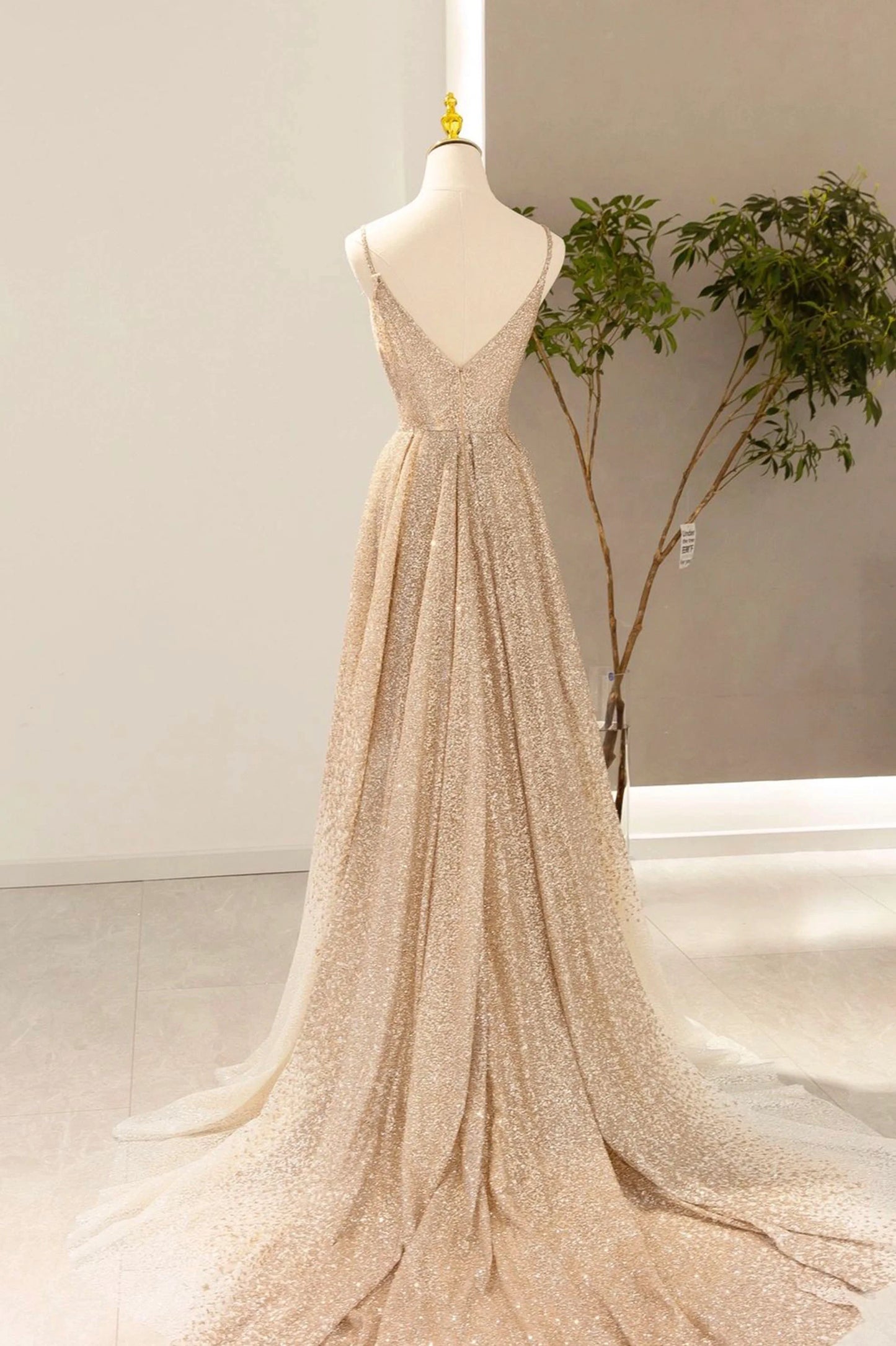 Gold V-Neck Sequins Long Prom Dress, A-Line Evening Party Dress TP530