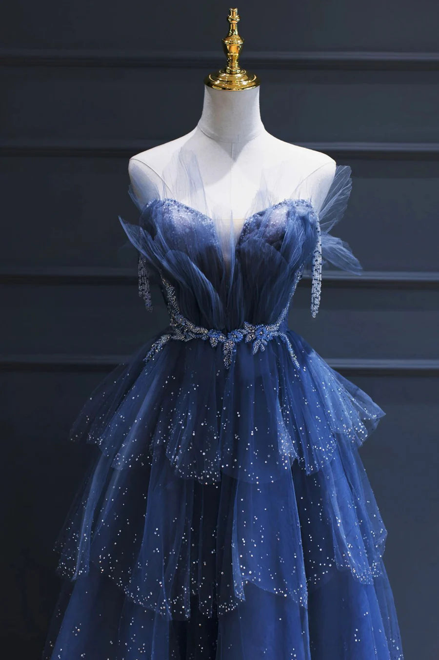 Blue Tulle Beaded Long Senior Prom Dress, A-Line Blue Formal Dress TP532