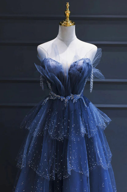 Blue Tulle Beaded Long Senior Prom Dress, A-Line Blue Formal Dress TP532