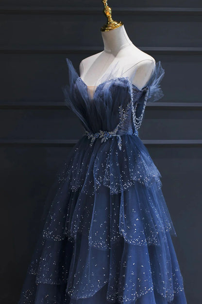 Blue Tulle Beaded Long Senior Prom Dress, A-Line Blue Formal Dress TP532