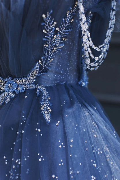 Blue Tulle Beaded Long Senior Prom Dress, A-Line Blue Formal Dress TP532