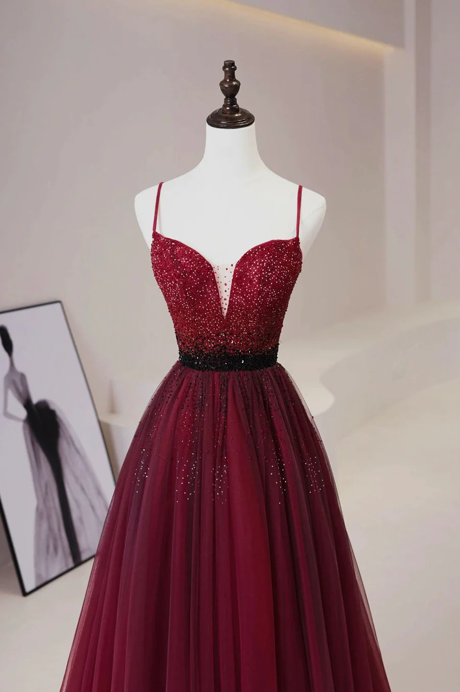 Burgundy Tulle Beaded Long Prom Dress, A-Line Spaghetti Strap Evening Dress TP533