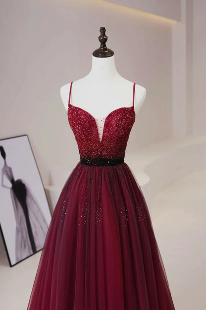 Burgundy Tulle Beaded Long Prom Dress, A-Line Spaghetti Strap Evening Dress TP533
