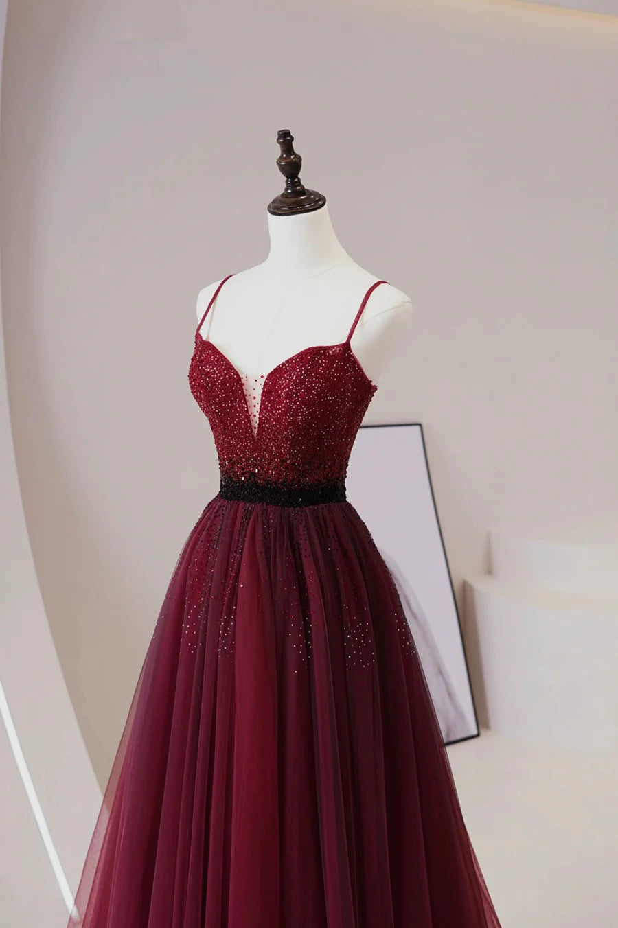 Burgundy Tulle Beaded Long Prom Dress, A-Line Spaghetti Strap Evening Dress TP533