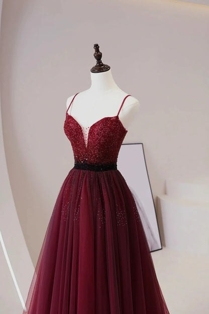 Burgundy Tulle Beaded Long Prom Dress, A-Line Spaghetti Strap Evening Dress TP533
