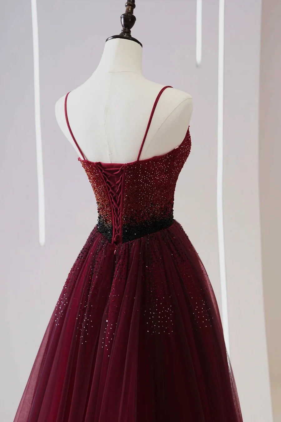 Burgundy Tulle Beaded Long Prom Dress, A-Line Spaghetti Strap Evening Dress TP533