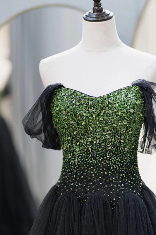 Black Tulle Long A-Line Prom Dress, Black Evening Dress with Green Beaded TP534