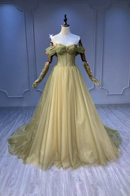 Green Tulle Long A-Line Prom Dress, Off the Shoulder Evening Party Dress TP536