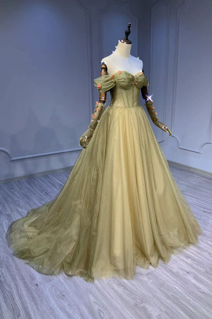 Green Tulle Long A-Line Prom Dress, Off the Shoulder Evening Party Dress TP536